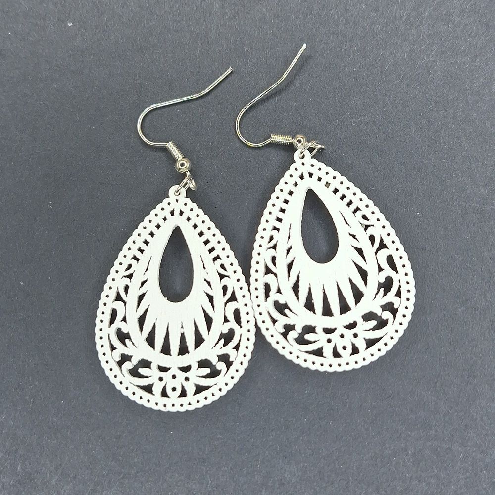 White tear drop earrings wood carved boho earrings ethnic design